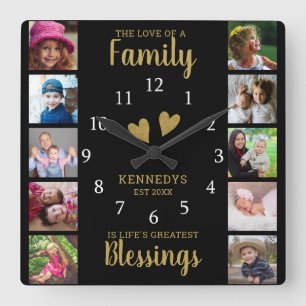 Horloge Carrée 10 Carrés de photos Collage Famille Citation Blac