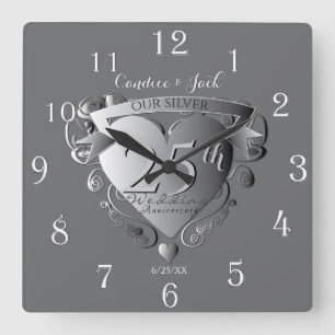 Horloge Carrée 10e, 20e, 25e Anniversaire de Mariage Cœur Argenté