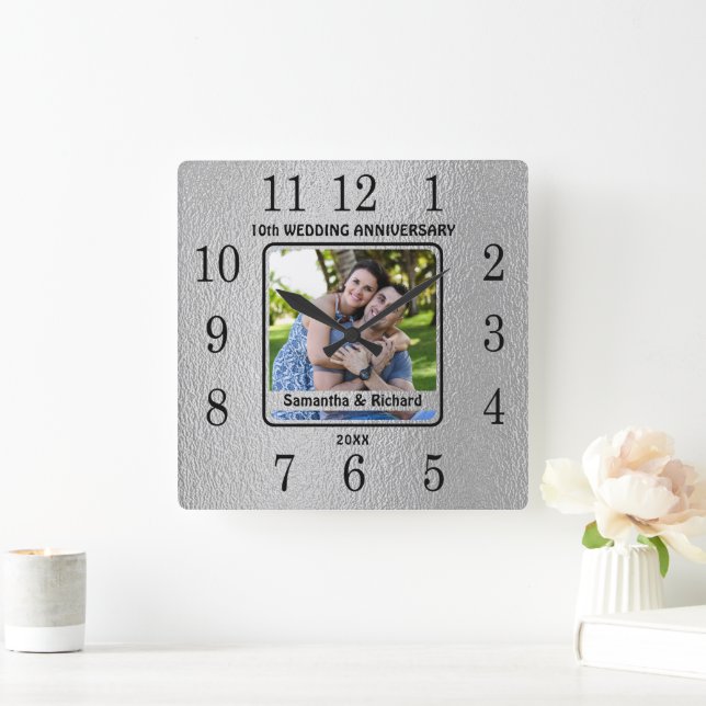 Horloge Carrée 10e année Couple Mariage Tin Anniversaire Photo (Maison)