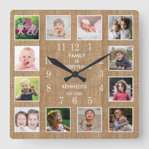 Horloge Carrée 12 cadres de collection photo personnalisés Rustic