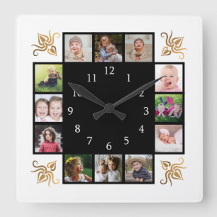Horloge Carrée 12 Collage de photos Créez votre propre noir