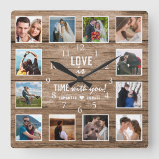 Horloge Carrée 12 Collage photo 5 ans Bois Anniversaire de mariag