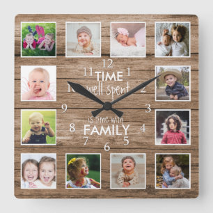 Horloge Carrée 12 Collage photo Moment avec famille Citation Bois