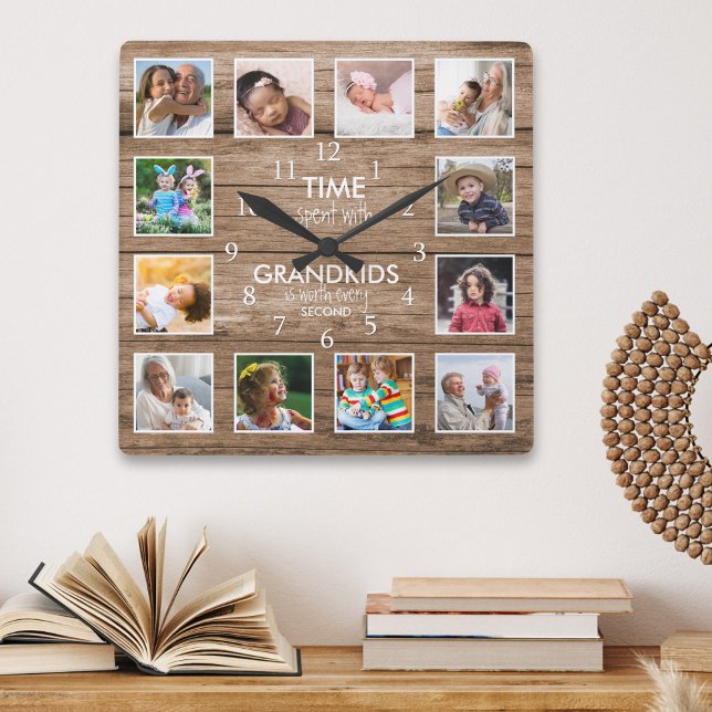 Horloge Carrée 12 Collage Photo Temps passé avec les petits enfan (12 Photo Collage Time Spent With Grandkids Quote Square Wall Clock
)