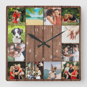 Horloge Carrée 12 Family Photo Collage Rustic Wood