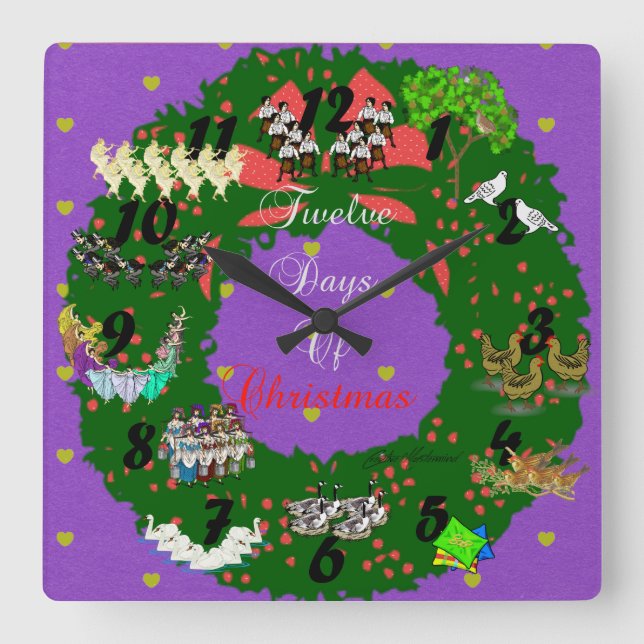 Horloge Carrée 12 Jours de Noël Thème de Noël (Recto)
