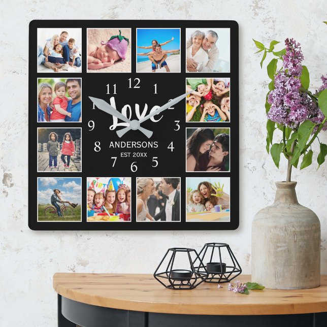 Horloge Carrée 12 Modèle photo Family Love Script Modern Black (Créateur téléchargé)