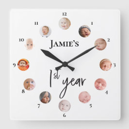 Horloge Carrée 12 mois de photos personnalisées 1ère année de béb