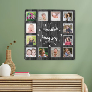 Horloge Carrée 12 Photo Collage Black Wood Grandkids