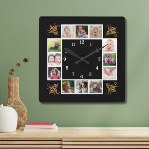 Horloge Carrée 12 Photo Collage Créez votre propre Gold Black