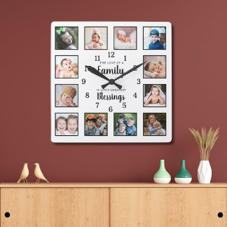 Horloge Carrée 12 Photo Collage Family Love Blessings Quote White
