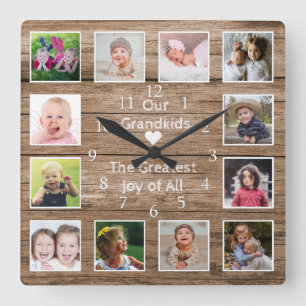 Horloge Carrée 12 Photo Collage Grandkids Quota Reclaimed Wood