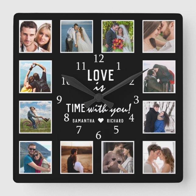 Horloge Carrée 12 Photo Collage Love Quota Wedding Anniversary (Recto)