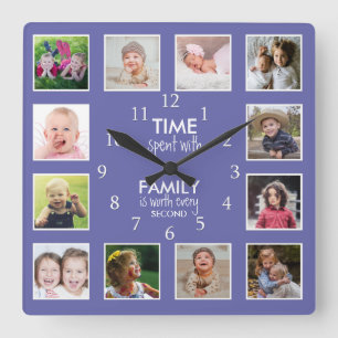 Horloge Carrée 12 Photo Collage Time With Family Quote Périwinkle