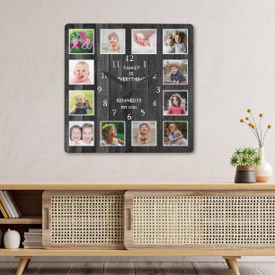 Horloge Carrée 12 Photos Collage Famille Citation Palette Bois No