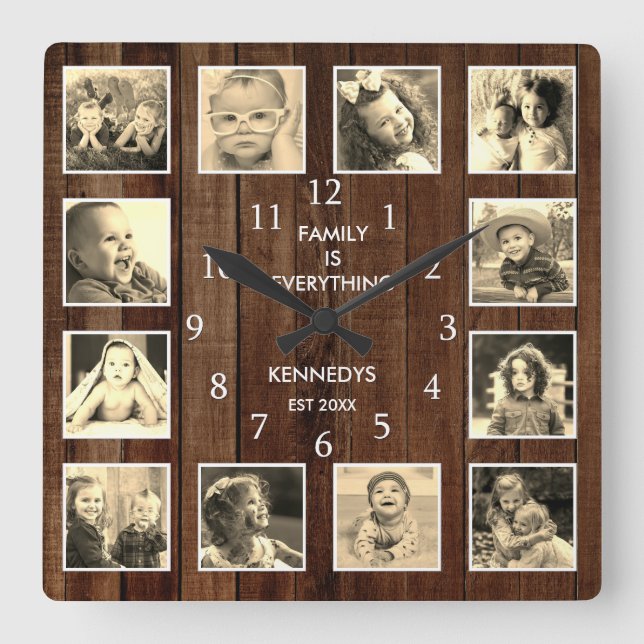 Horloge Carrée 12 Photos Collage Famille Citation Palette Bois Vi (Recto)
