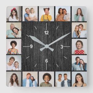 Horloge Carrée 16 Collage Photo Clôture en Bois Faux Noir Clair