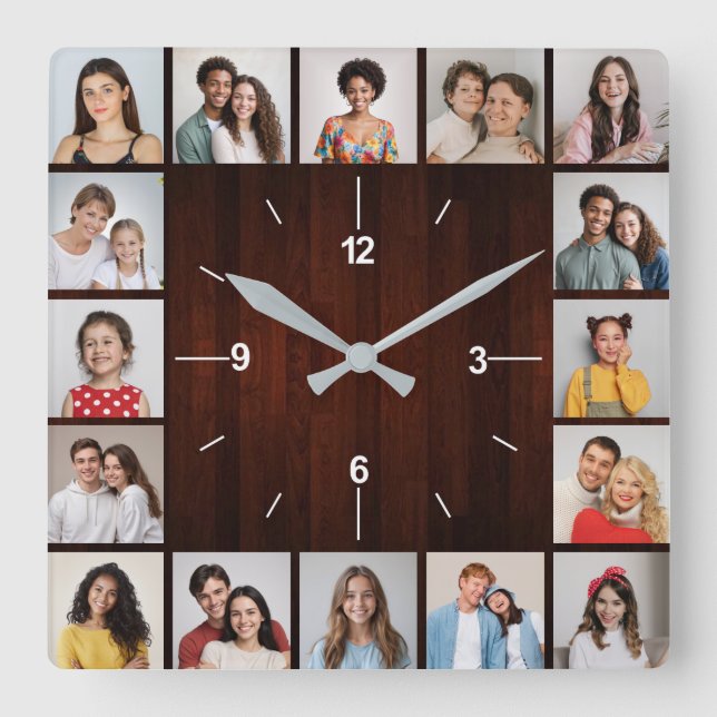 Horloge Carrée 16 Collage Photo Clôture en Bois Faux Rouge (Recto)
