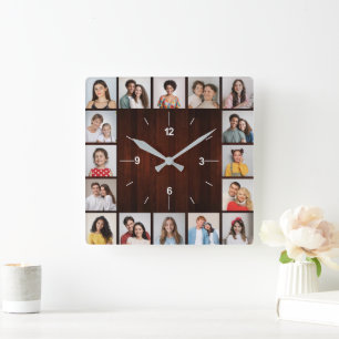 Horloge Carrée 16 Collage Photo Clôture en Bois Faux Rouge