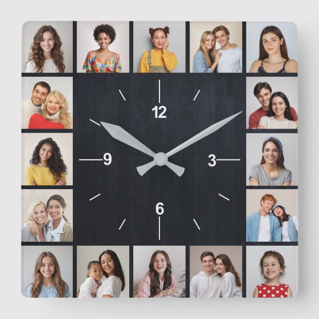 Horloge Carrée 16 Collage Photo Clôture en Bois Faux Sombre (Recto)