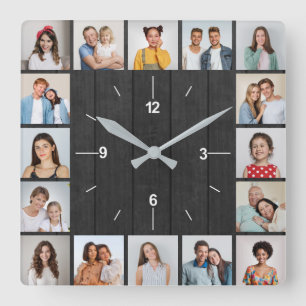 Horloge Carrée 16 Collage Photo Clôture en Bois Gris Foncé
