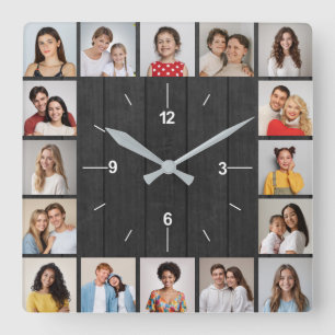 Horloge Carrée 16 Collage Photo Clôture en Bois Gris Foncé