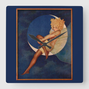 Horloge Carrée 1920 hosiery et belle femme sur la lune