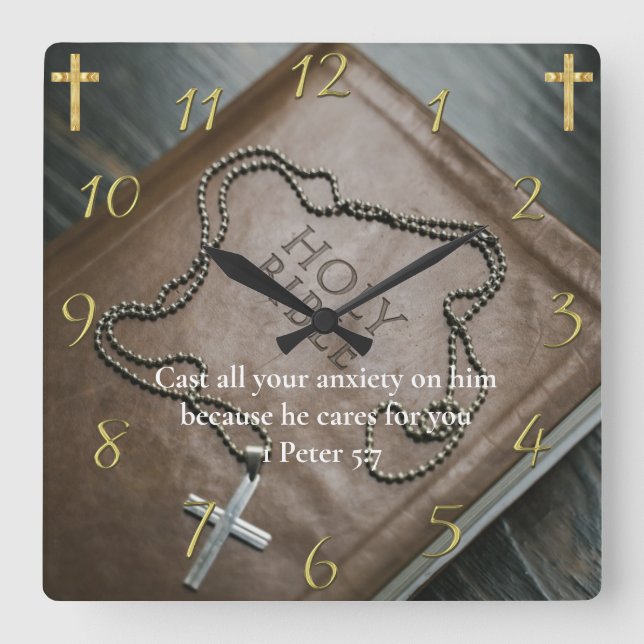 Horloge Carrée 1 Pierre 5:7 Sainte Bible avec croix (Recto)