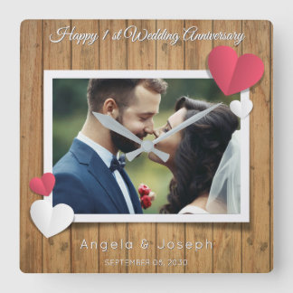 Horloge Carrée 1er Anniversaire de Mariage – Bois Rustique & Cœu