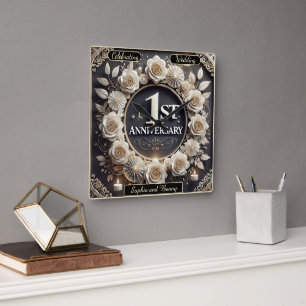 Horloge Carrée 1er Anniversaire Élégant Floral Design Jalons