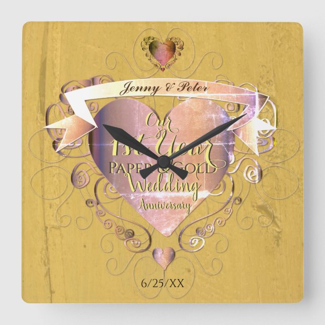 Horloge Carrée 1er anniversaire Mariage Papier et or au coeur (Recto)