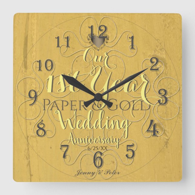 Horloge Carrée 1ère année Mariage Anniversaire Papier & Or (Recto)