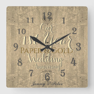 Horloge Carrée 1ère année Mariage Anniversaire Papier & Or Carré 