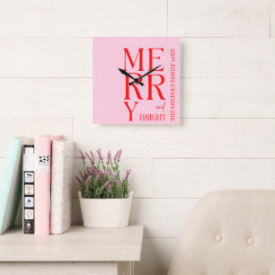 Horloge Carrée 2025 Moderne Joyeux et Lumineux Rouge Rose Noël