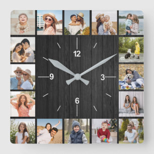 Horloge Carrée 20 Collage Photo Clôture Fausse Bois Noir Foncé