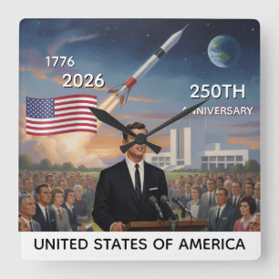 Horloge Carrée 250e anniversaire États-Unis, drapeau américain / 