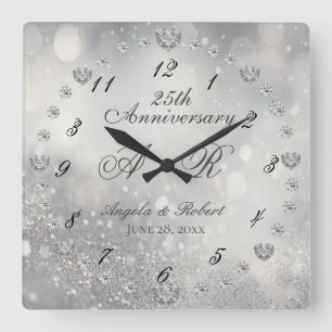 Horloge Carrée 25e anniversaire du Mariage d'argent