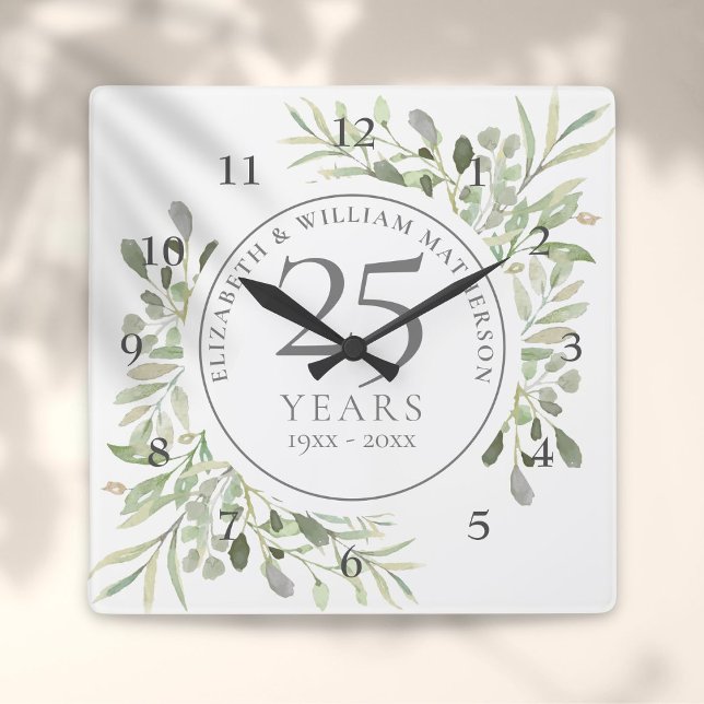 Horloge Carrée 25e Wedding Anniversary (Soft Watercolour Leaves 25th Wedding Anniversary Square Wall Clock)