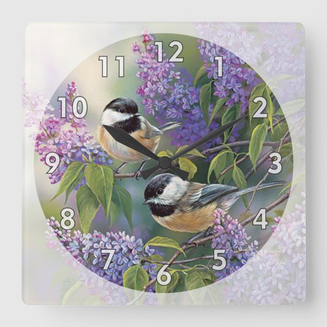 Horloge Carrée 2 mignons petits oiseaux dans un arbre (Recto)