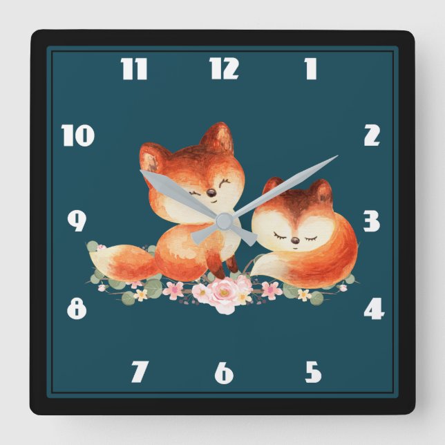 Horloge Carrée 2 mignons Petits Renards Rouges Aquarelle Design (Recto)
