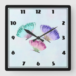 Horloge Carrée 3 Cute Colorful Pastel Watercolor Butterflies