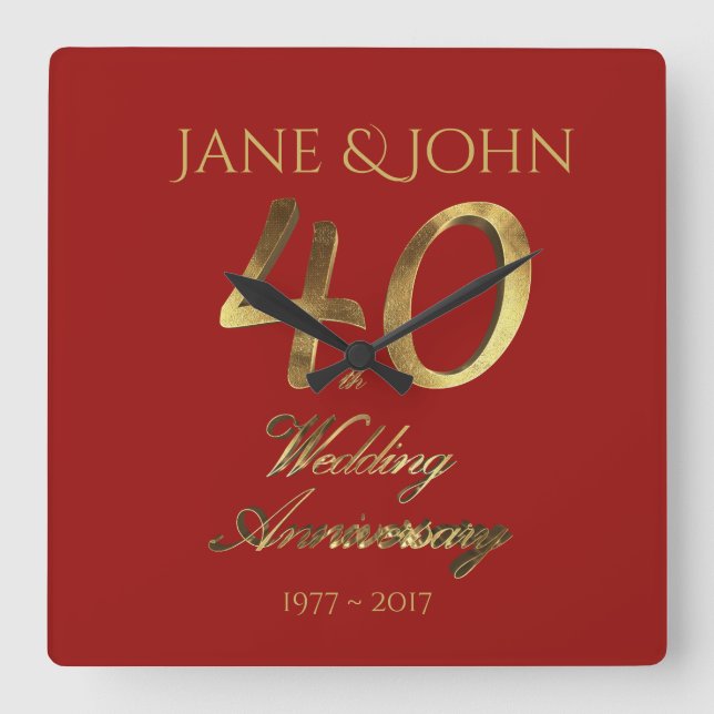 Horloge Carrée 40e anniversaire du Mariage Ruby Mariage Red Gold (Recto)