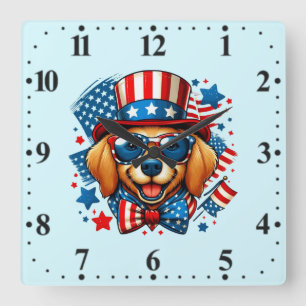 Horloge Carrée 4 juillet USA chien patriotique Jour de l'Indépend