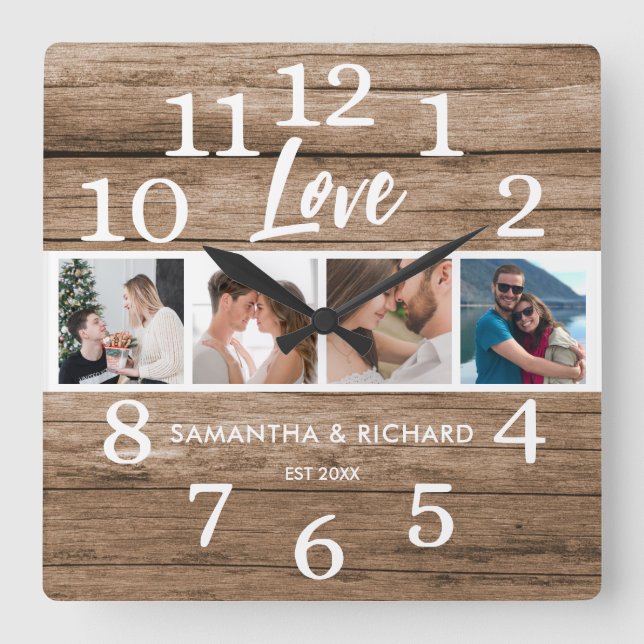 Horloge Carrée 4 Photo Collage Anniversaire Valentine Love Wood (Recto)