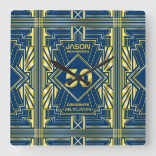 Horloge Carrée 50e anniversaire Art Déco Gold Blue Gatsby