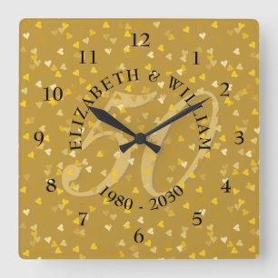 Horloge Carrée 50e anniversaire de Mariage Gold Hearts Confetti