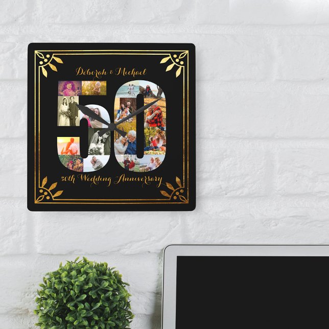 Horloge Carrée 50e Wedding Anniversary Black and Gold Photo (Créateur téléchargé)