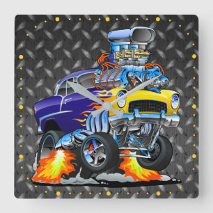 Horloge Carrée 55 Plaque Métal Diamant Damier Voiture Drôle 