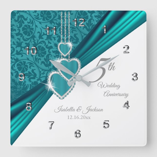 Horloge Carrée 5e anniversaire du Mariage turquoise Keepsaké (Recto)