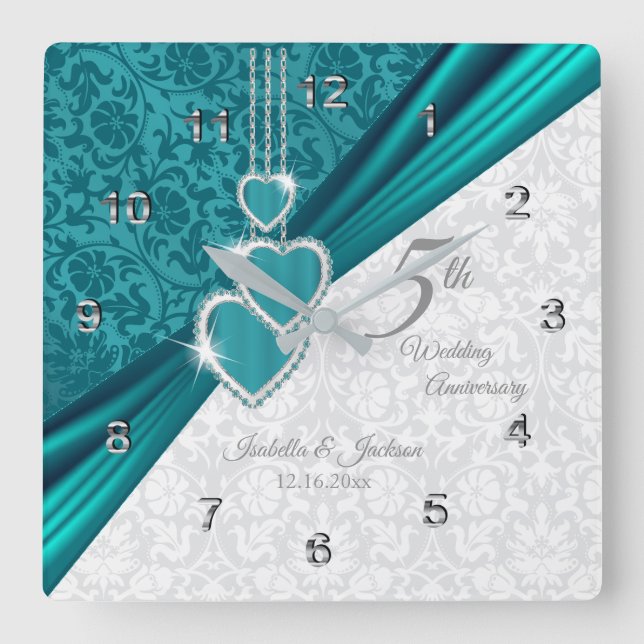 Horloge Carrée 5e anniversaire du Mariage turquoise Keepsaké (Recto)